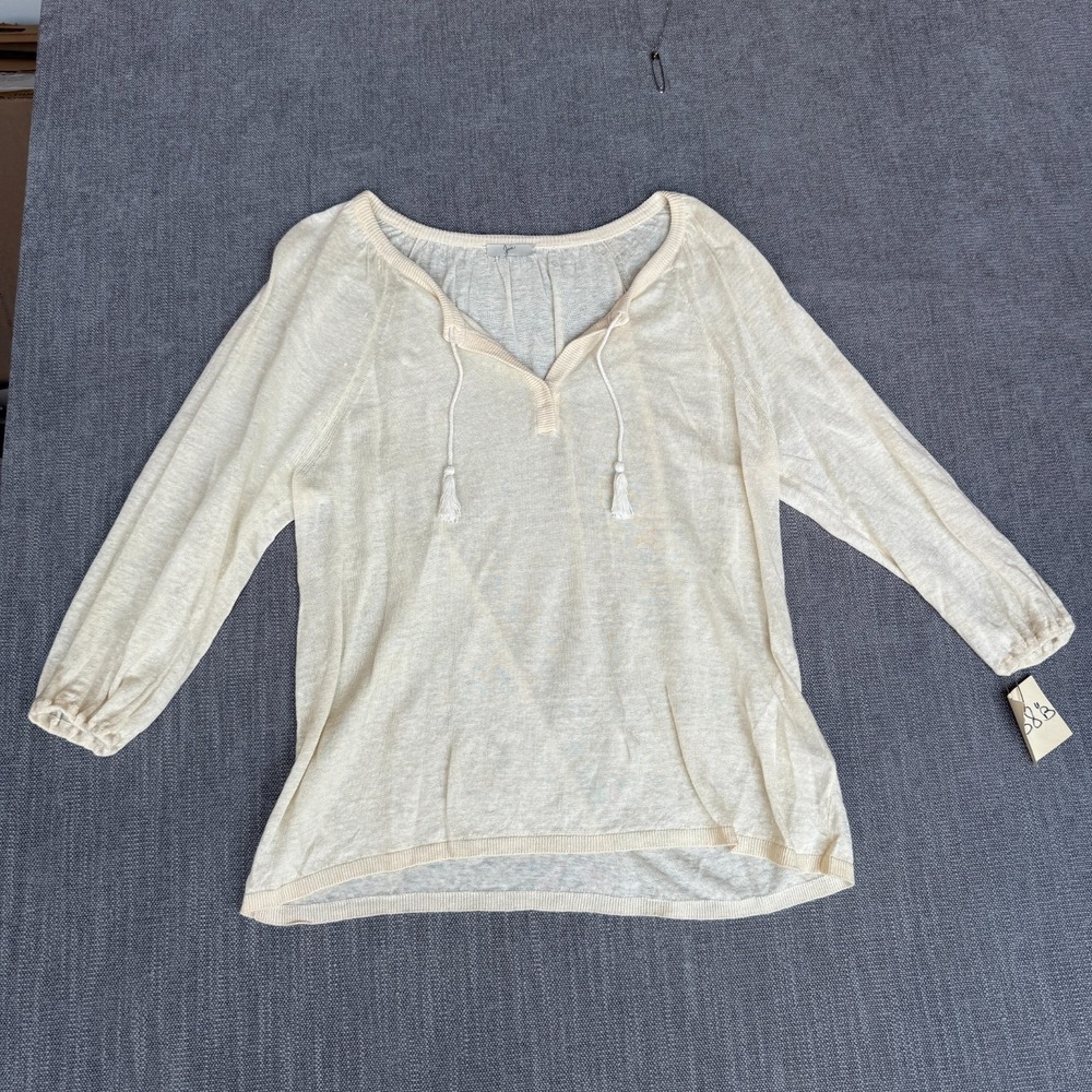 Joie Knit Top Women 38 Cream Linen Tassel Neck Relaxed Fit Lightweight Boho Chic